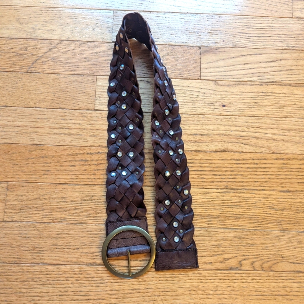 Vintage Y2K 2000s bebe brown 100% leather braided belt rhinestone wide low rise